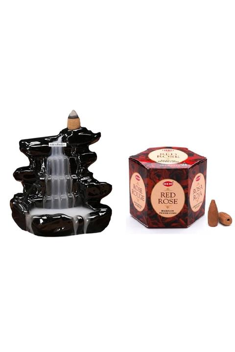 dase home Zen Dekoratif Geri Akışlı Şelale Tütsülük 20 Adet Kırmızı Gül Aromalı Hem Şelale Tütsü Koni