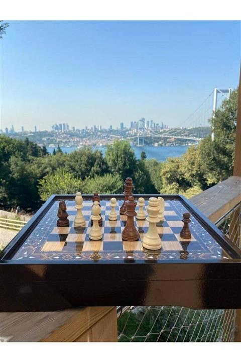 megame Ahşap Satranç Kutulu Sedef Okey