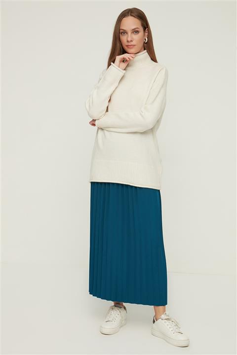 Trendyol Modest Petrol Beli Lastikli Pileli  Etek TCTAW22EE0034