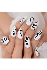 EDA LUXURY BEAUTY Beyaz Siyah Takma Tırnak Lüks Parlak Yılan Desenli Uzun Sivri Stiletto Yapıştırıcılı Nail Art Set