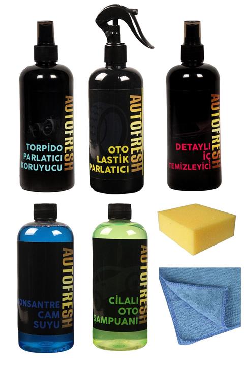 AutoFresh Araç Bakım Seti 5 Ürünlü Lastik Parlatıcı Torpido Parlatıcı Detaylı Iç Temizleyici Şampuan Cam Suyu