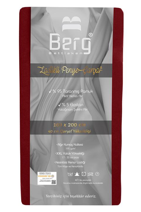 Berg Bettlaken 160x200 +35 cm Yükseklik Lastikli Lüks Penye Pamuklu Çarşaf Bordo