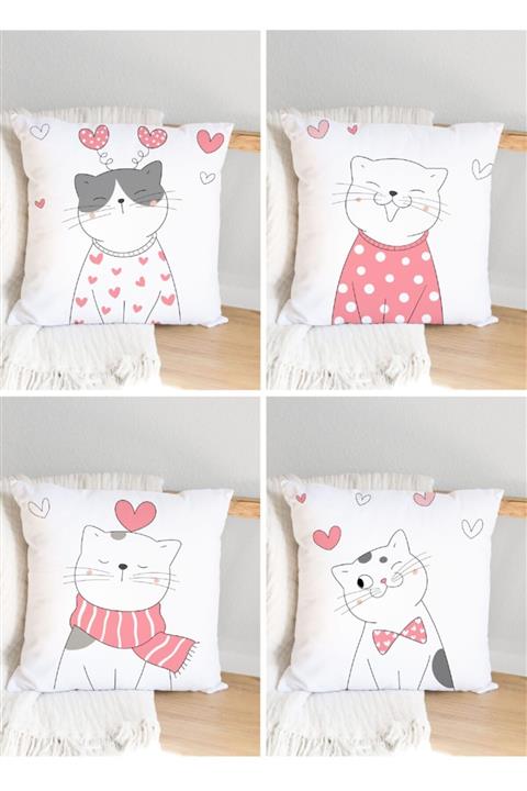 JUNİOR HOME CONCEPT Pembe Kedili Dijital Baskı 4'lü Kırlent Kılıf Seti