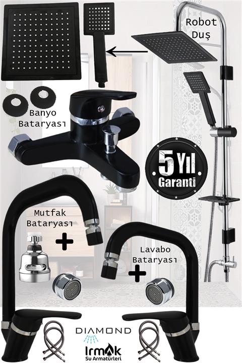 özbay ısı sanayii ö şekil Irmak Lavabo Banyo Mutfak Bataryası Ve Rainy Robot Duş Siyah Banyo Seti Armatür Musluk Batarya Duş