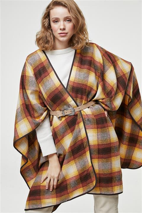 Muni Muni Kadın Kiremit Doğal Kumaşlı Dökümlü Panço 5187