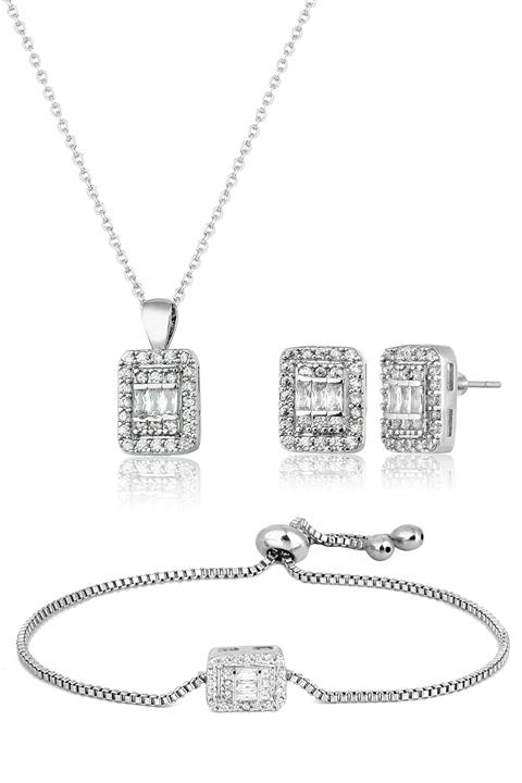 Elika Silver Kadın Baget Taşlı Kolye Küpe Bileklik Set