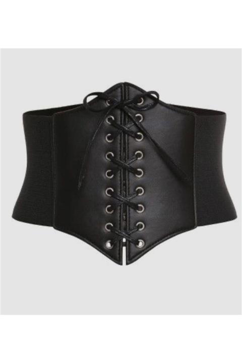 BellaVino Kadın Siyah Lastikli Korse Kalın Kemer