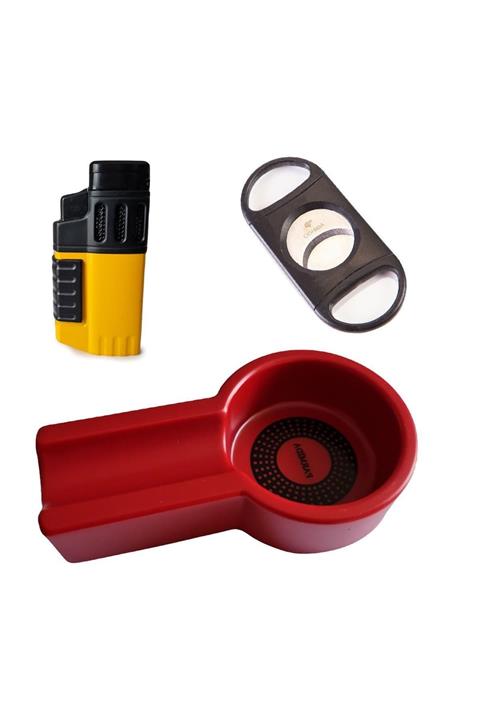 TBek Full Puro Set 4 Torch Puro Çakmak, Büyük Kesici, Tekli Puro Küllük Sarı/kırmızı