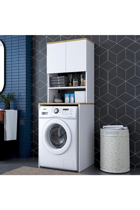 Rani Mobilya Rani Kd101 Çamaşır Makinesi Dolabı 3 Raflı Kapaklı Banyo Dolabı Beyaz Keçe Ceviz