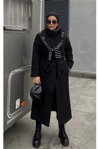 OOTD Kadın Siyah Uzun Astarsız Kaşe Kaban Palto