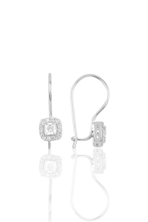 Söğütlü Silver Gümüş Rodyumlu Zirkon Taşlı Çengelli Kare Küpe