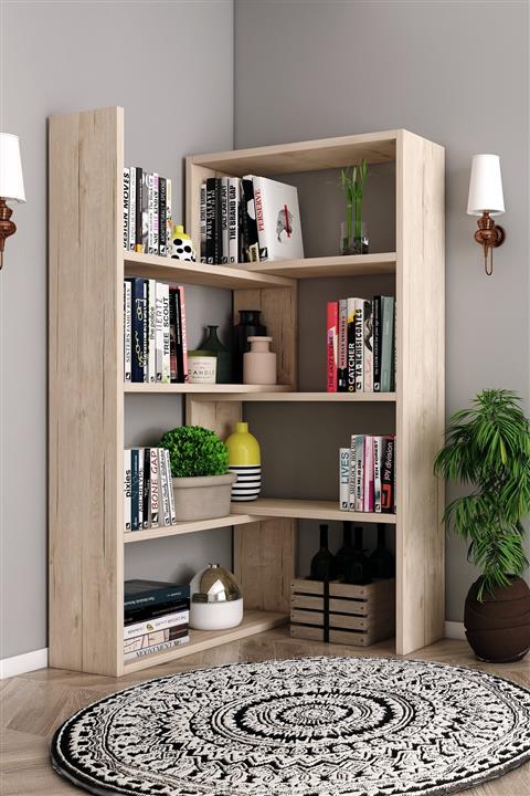 dekoronya Magic Fonksiyonel Köşe Kitaplık Lefkas Meşe