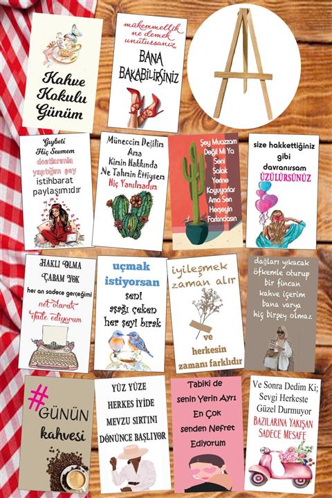 nadadesing Kahve Motto 14'lü Sunum Kartları & Ahşap Ayak