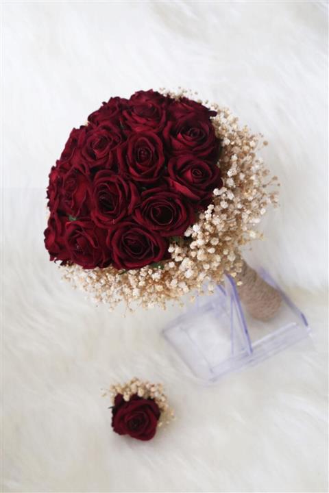 Alina Aksesuar Koyu Kırmızı Kadife Gül Gelin Buketi Cipsolu