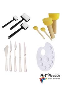 Art Picasso Palet,rulo Fırça,ponpon Fırça Ve Spatula 4'lü Set