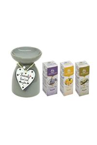 kokoş butik Buhurdanlık Kalp Temalı + Lavanta Yağı + Limon Yağı + Okaliptus Yağı Saf 4 Lü Set