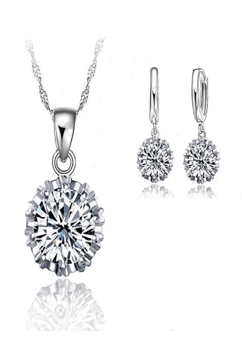 TRENDY 925 Ayar Gümüş Işıltılı Beyaz Tek Taş Kolye Küpe Seti