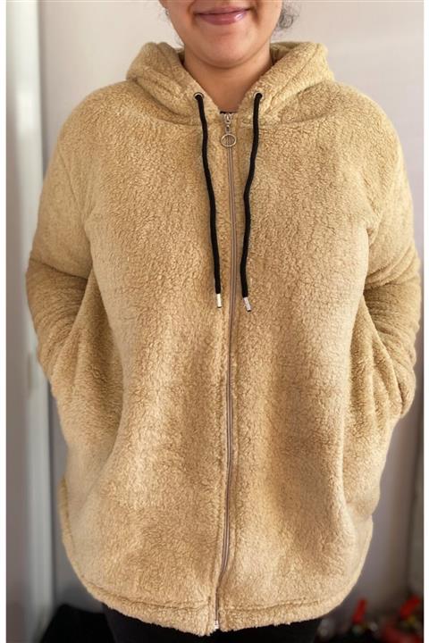 sinans moda Kadın Krem Büyük Beden Kapuşonlu Polar Peluş Mont
