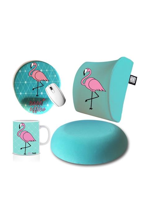 Officeküp Avantajlı 4'lü Ofis Seti: Visco Bel Destek Yastığı & Oturma Minderi & Mousepad & Kupa - Flamingo