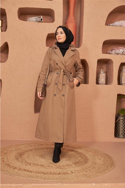 Neways Arka Süs Düğmeli Kemerli Trençkot Vizon 6572