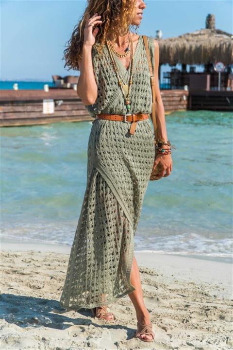 AQE FASHION Kadın Ajurlu V Yaka Haki Kruvaze Elbise