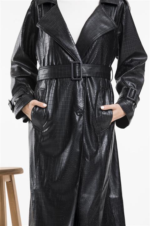 GÜLSEN SARIÇAM Kadın Siyah Timsah Desenli Suni Deri  Trençkot