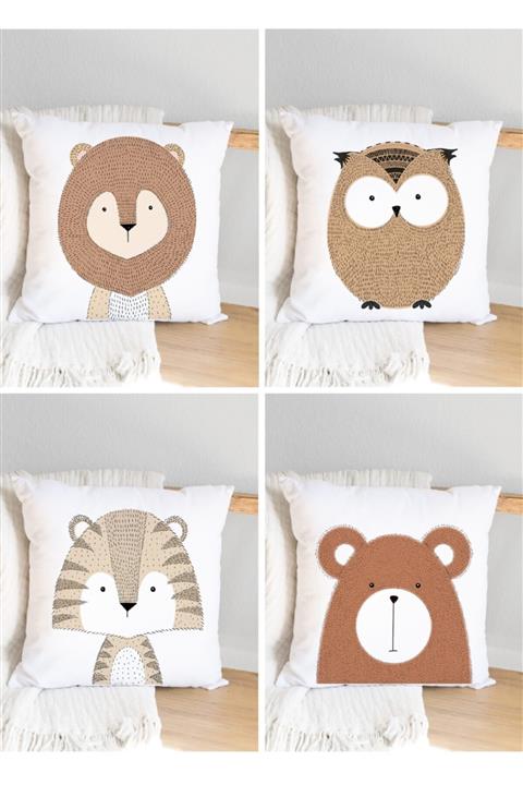 JUNİOR HOME CONCEPT Sevimli Hayvanlı Dijital Baskı 4'lü Kırlent Kılıf Seti