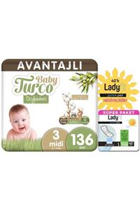 Baby Turco Doğadan Avantajlı Paket Bebek Bezi 3 Numara Midi 136 Adet + Günlük Ped