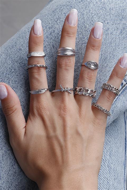 Ervalina 9'lu Yüzük Ve Eklem Yüzük Set Gümüş Rengi