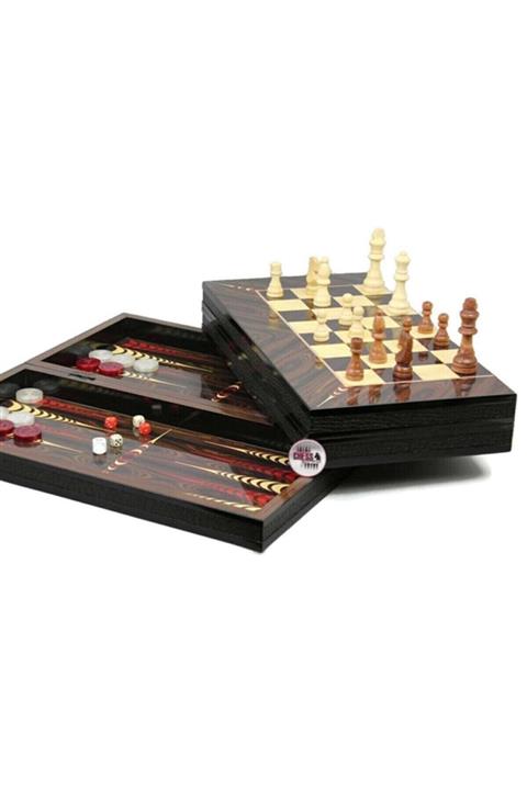 megame Ahşap Tavla Satranç Dama 3 Oyun Bir Arada Ahşap Pullu Tavla Satranç