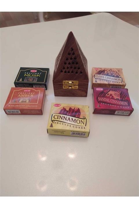 buhana Ahşap Konik Buhur Tütsü Yakma Kutusu Ve 5li