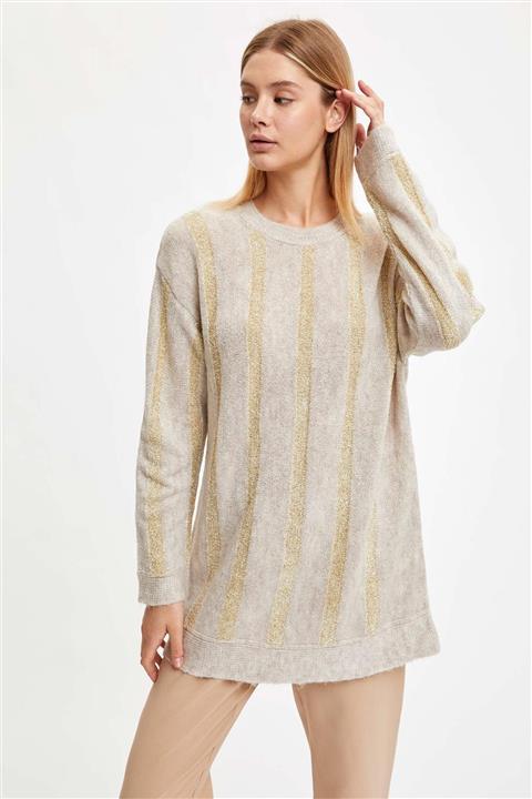 DeFacto Kadın Beıge Çizgili Triko Tunik R5705AZ20CW
