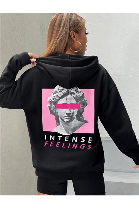 Şans Arkası Pembe Baskılı Kapüşonlu Siyah Kadın Sweatshirt