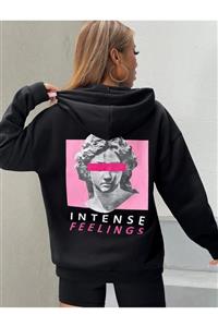 Şans Arkası Pembe Baskılı Kapüşonlu Siyah Kadın Sweatshirt