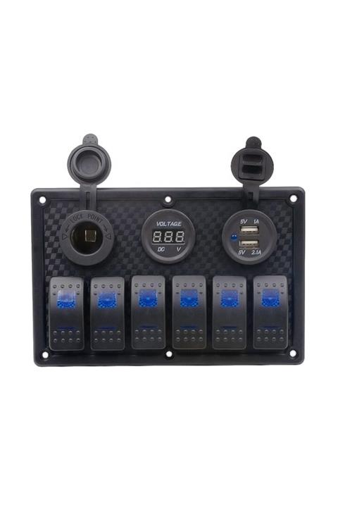 Electrozirve 6'lı Mavi Işıklı Usb+çakmaklık+voltmetreli Sigortalı Karavan Paneli