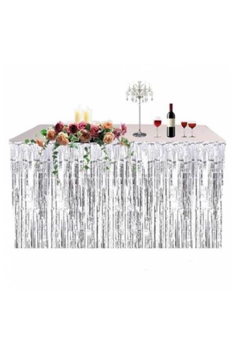 New Eco Gümüş Metalize Işıltılı Püsküllü Masa Eteği