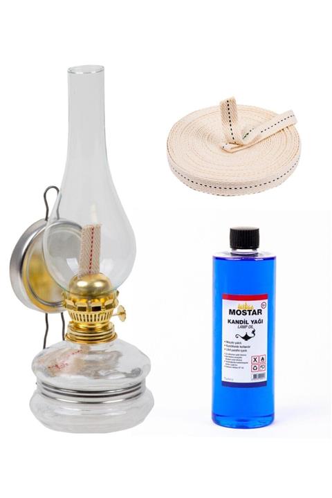 ŞEHRİMOSTARKIRK1 Klasik Gaz Lambası Şeffaf 400 ml Kandil Yakıtı 1 m Fitil Gaz Lambası Seti