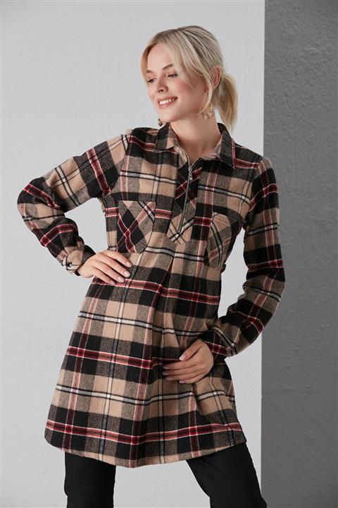 Görsin Hamile Yaka Fermuarlı Vizon Ekose Tunik