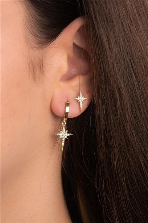 Hiç Gümüş Kadın Kutup Yıldızı Kombin Altın Kaplama Gümüş Küpe 925 Ayar 2'li