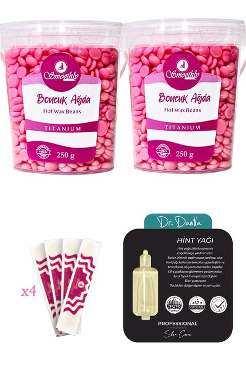 Smoothly Pembe Pudralı Soyulabilir Granül Boncuk Ağda 2 X 250 G. + Tekli Hint Yağı + 4 Spatula