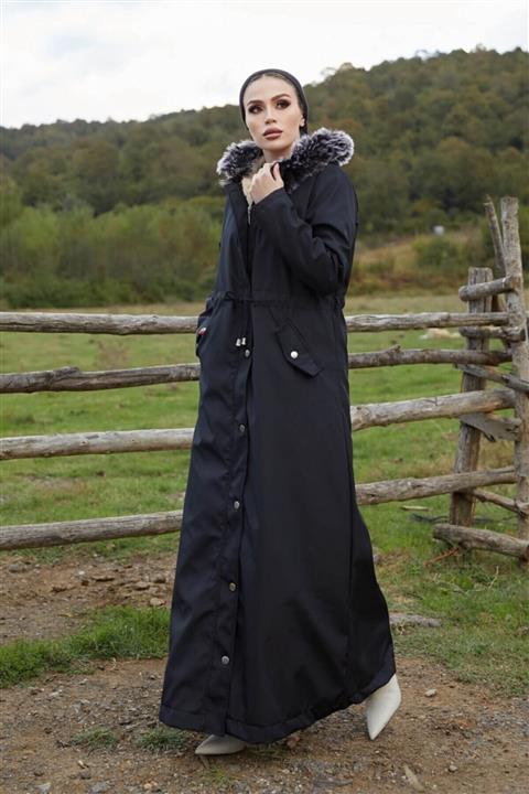 Bestenur Içi Polar Uzun Kürklü Mont - Siyah