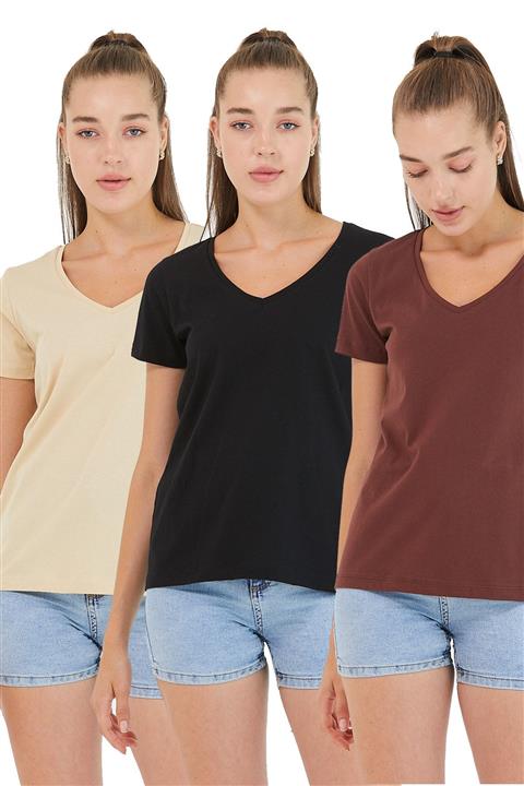 Polo State Kadın %100 Pamuk V Yaka 3lü T-shirt Paketi Çok Renkli