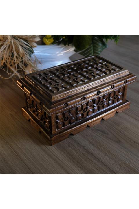 Land Of Wood Gizli Açma Düğmeli El Yapımı Dekoratif Ahşap Takı Mücevher Kutusu Koyu Kahve 24 cm