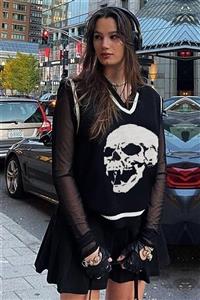 Touz Moda Siyah Unisex Skull Gothic Kuru Kafa Süveter