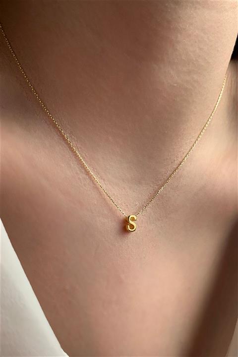 Ziu Unisex Sarı 925 Ayar Üç Boyutlu S Harfli Gümüş Kolye Uzunluk 42 cm
