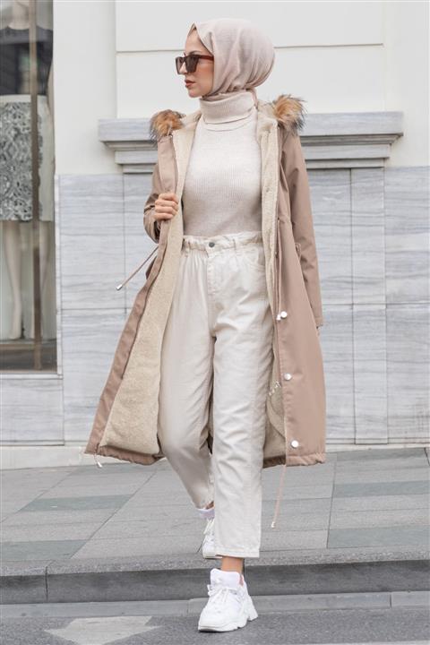 benguen 1600 Bondit Yakasi Kürklü Kaban - Vizon