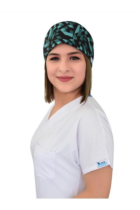 Nur Ortopedi Geometrik Desenli Likralı Doktor Hemşire Cerrahi Hastane Aşçı Bonesi
