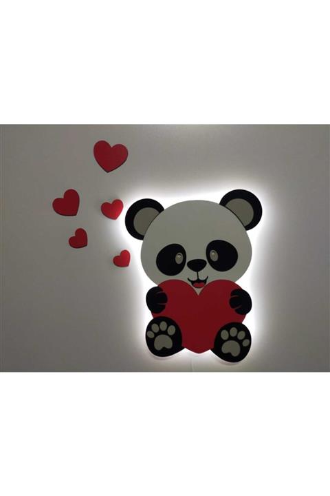 fabrikahşap Beyaz Çocuk Odası Dekoratif Ahşap Işıklı Kalpli Panda Gece Lambası Ledli Aydınlatma Seti