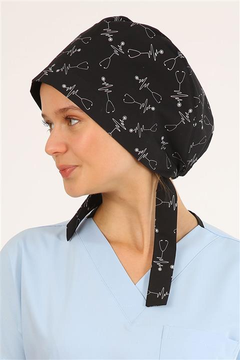 Owlet Medikal Steteskop Desenli Siyah Cerrahi Tesettür Bone