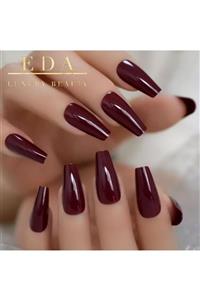 EDA LUXURY BEAUTY Koyu Kırmızı Bordo Takma Tırnak Lüks Parlak Extra Uzun Kare Coffin Ballerina Nail Art Set